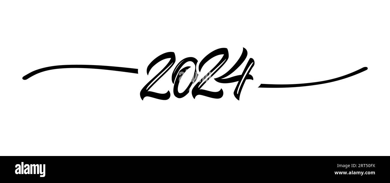 2024 linea disegnata a mano a forma di linea nera. Simbolo del divisorio per la decorazione di Capodanno, il biglietto di auguri o l'invito alle festività. Illustrazione vettoriale Illustrazione Vettoriale