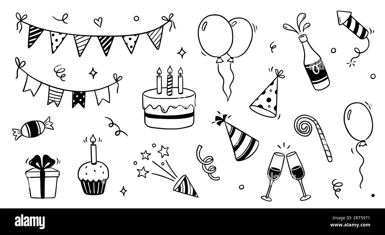 Elemento icona Doodle compleanno. Torta di compleanno, palloncini disegnati a mano, elemento decorativo per eventi. Feste, feste di carnevale. Illustrazione vettoriale Illustrazione Vettoriale