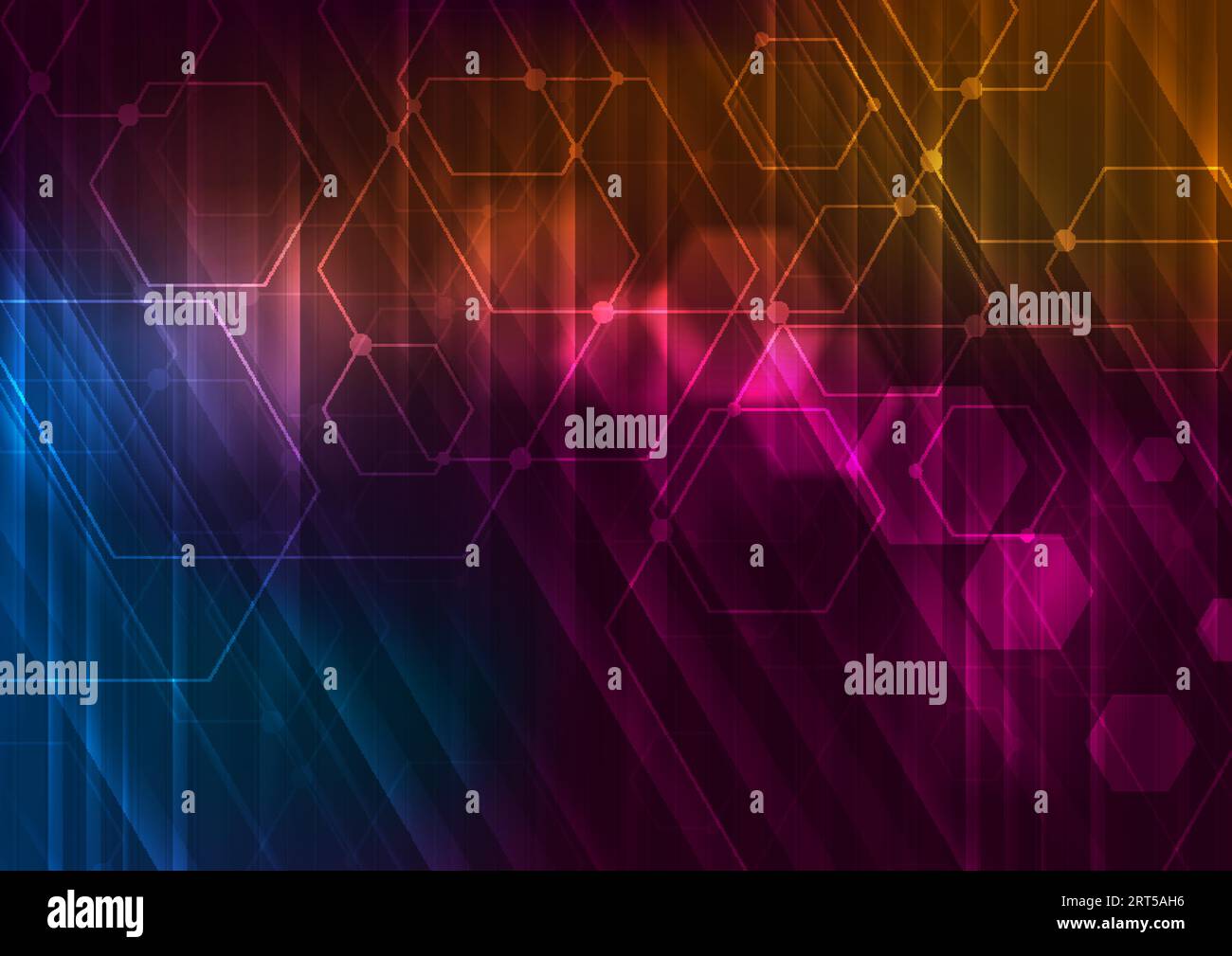 Sfondo astratto colorato con tecnologia luminosa e esagoni. Progettazione di connessioni geometriche al neon vettoriale Illustrazione Vettoriale