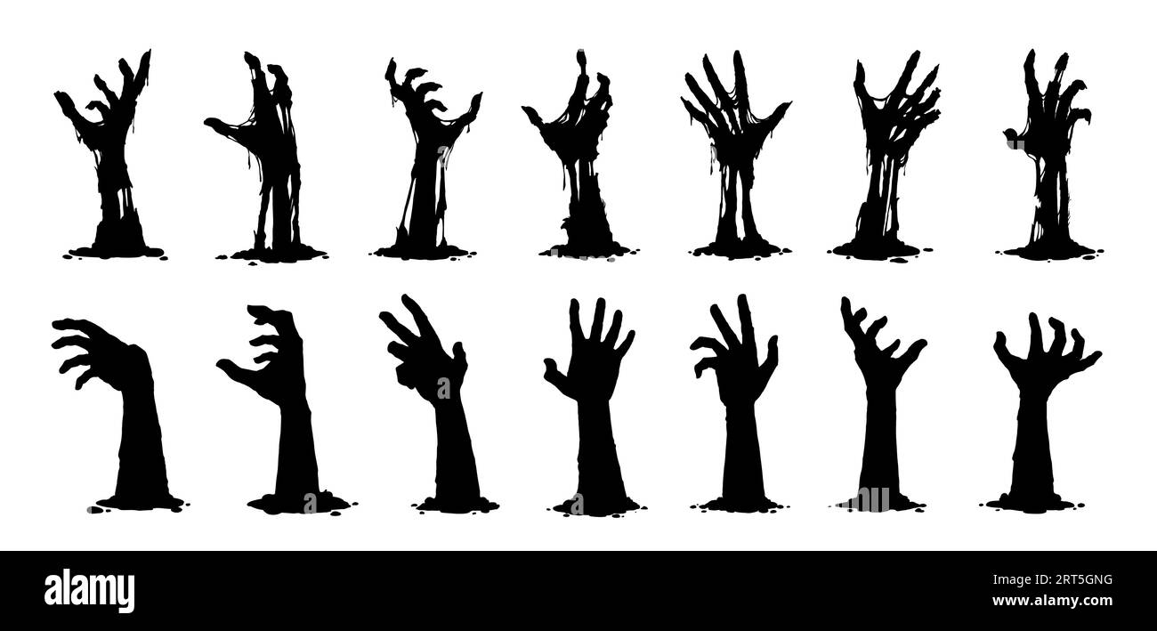 Le silhouette delle mani zombie di Halloween. Set vettoriale isolato di armi spaventose, che si stagliano dal terreno, catturando vibrazioni inquietanti e agghiaccianti, per creare un'atmosfera inquietante e aggiungere un tocco di orrore Illustrazione Vettoriale