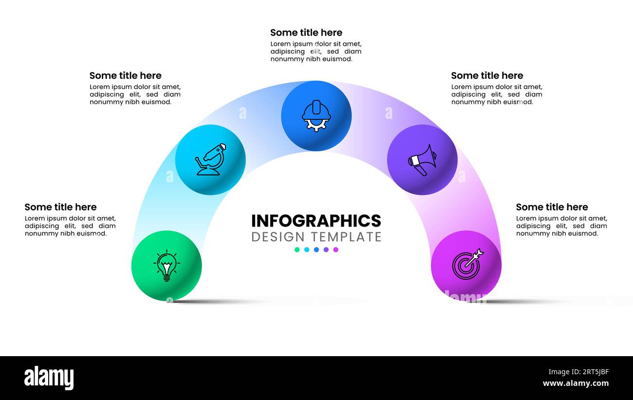 Modello infografico con icone e 5 opzioni o passaggi. Semicerchio. Può essere utilizzato per il layout del flusso di lavoro, il diagramma, il banner, il webdesign. Illustrazione vettoriale Illustrazione Vettoriale