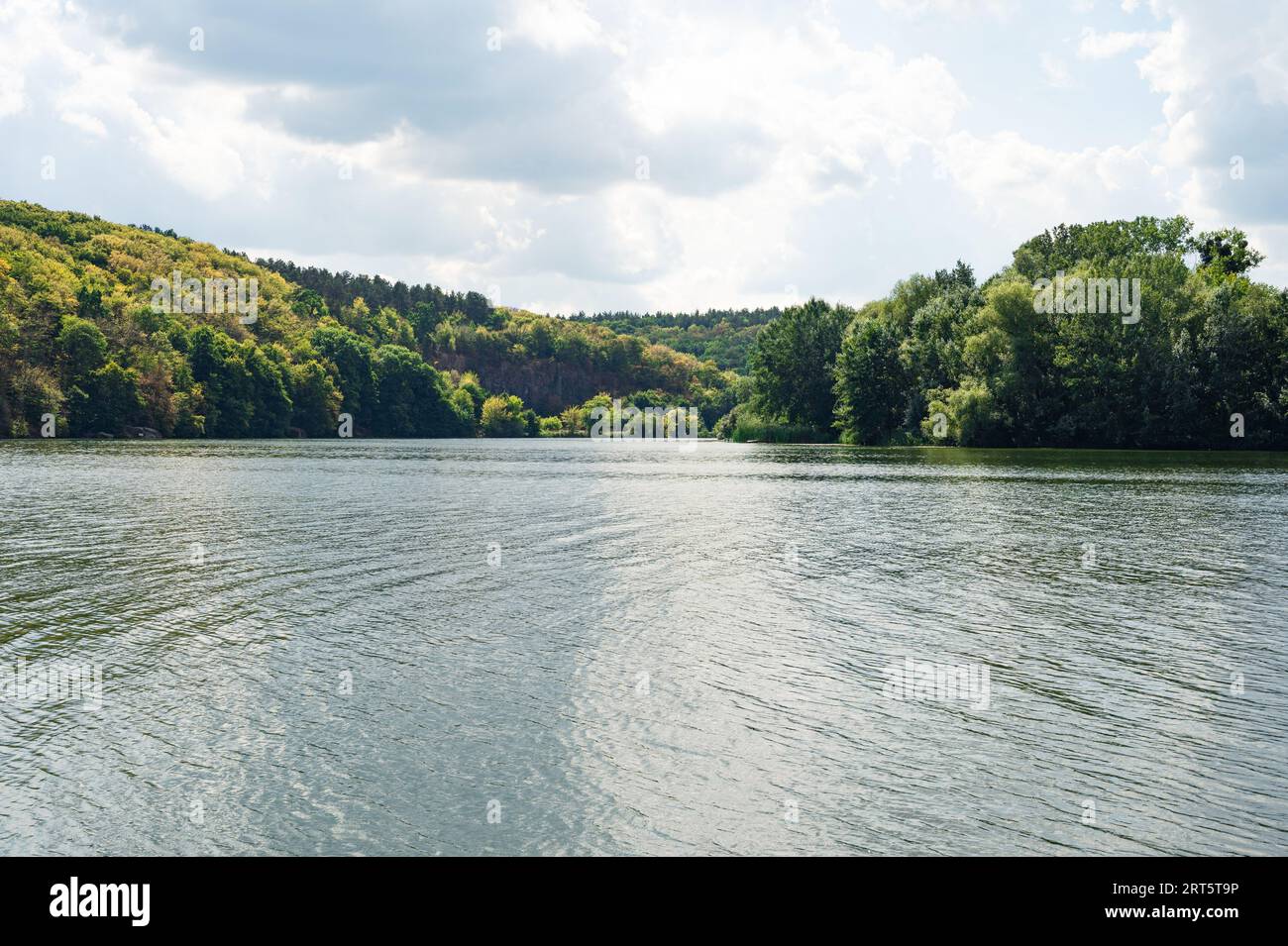 Riva del fiume con lussureggiante vista del verde e della foresta gialla. Scenografico, bello, sfondo, vista da cartolina, sfondo, Vinnytsia, Ucraina, Pivdennyi Buh Foto Stock
