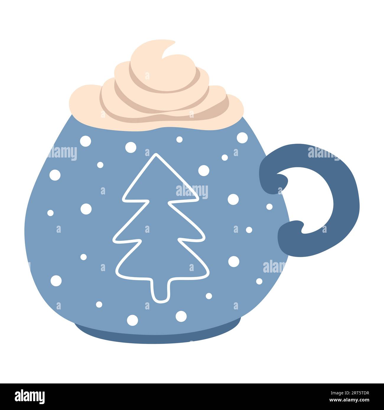 Tazza di cioccolata calda con panna montata, in una tazza blu con fiocchi di neve e albero di Natale. Cartoonillustration vettoriale piatta isolata su un bianco. Templa Illustrazione Vettoriale