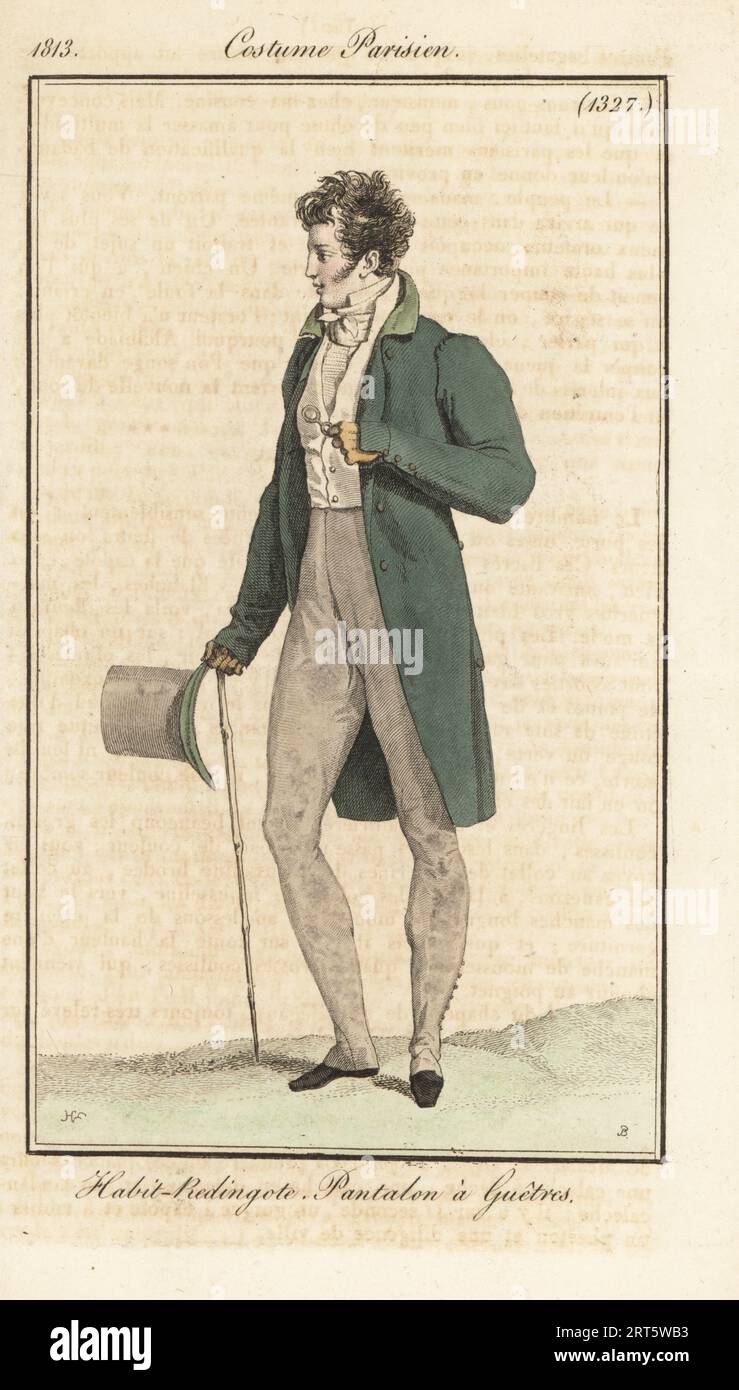 Gentiluomo francese in mantello con code, gilet e pantaloni con ghette, con cappello, lorgnette e canna da zucchero. Habit Redingote, Pantalon a Guetres. Incisione in copperplate a mano di Pierre-Charles Baquoy su un piatto di moda di Horace Vernet dal Journal des Dames et des Modes di Pierre de la Mesangere, Magazine of Women and Fashion, Parigi, 1813. Foto Stock