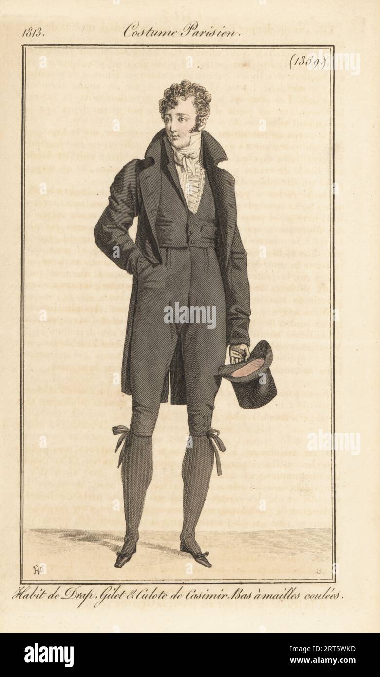 Signore francese in cappotto di lana, gilet e pantaloncini in cashmere, calze a maglia, con cappello. Habit de Drap, Gilet et Culote de Casimir, Bas a mailles coulees. Incisione in copperplate a mano di Pierre-Charles Baquoy su un piatto di moda di Horace Vernet dal Journal des Dames et des Modes di Pierre de la Mesangere, Magazine of Women and Fashion, Parigi, 1813. Foto Stock