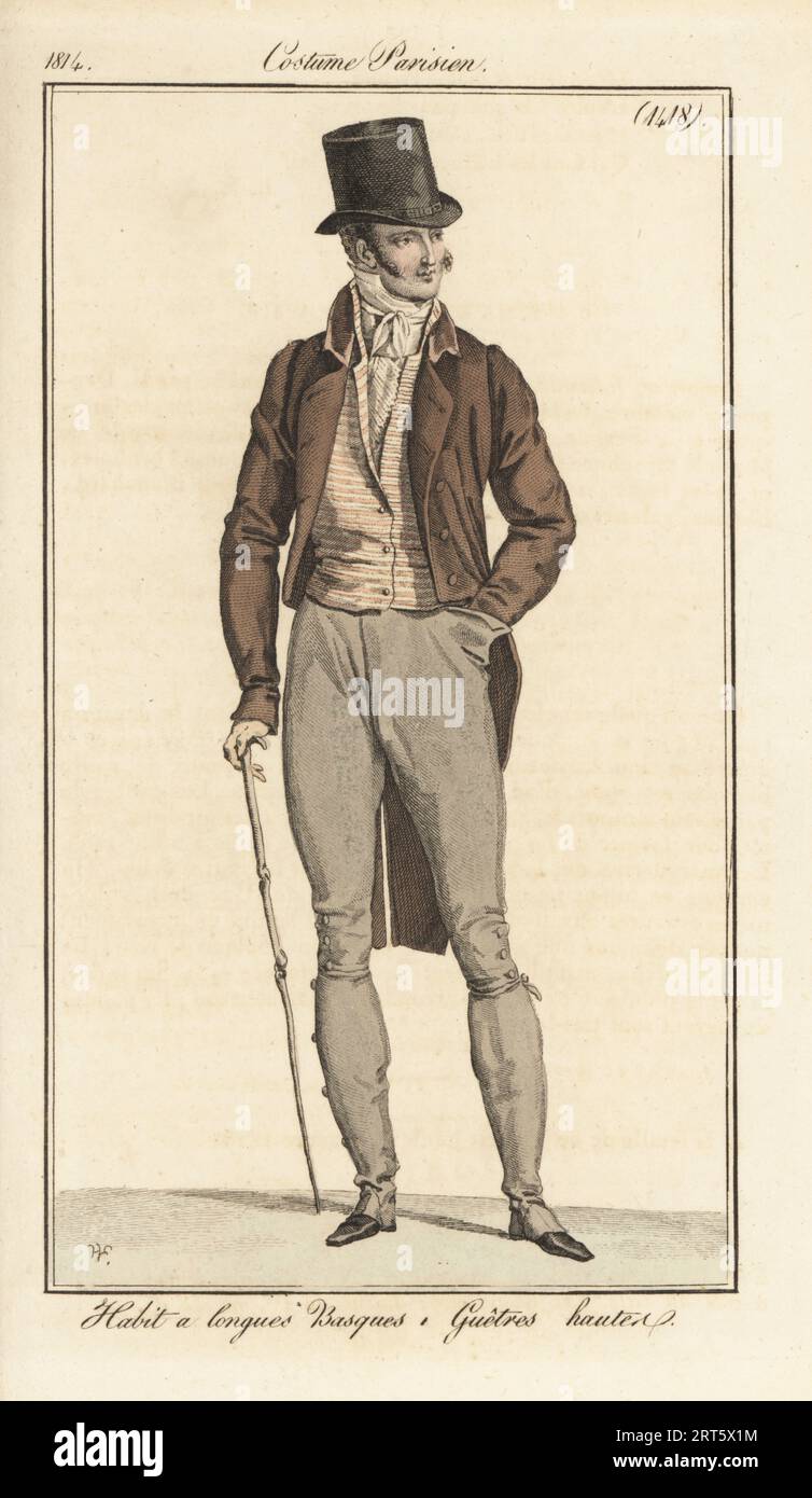 Gentleman francese con cappello, camice a coda lunga, gilet a righe, pantaloni con ghette alte. Abitudine a longues Basques, Guetres hautes. Incisione in copperplate a mano di Pierre-Charles Baquoy su un piatto di moda di Horace Vernet dal Journal des Dames et des Modes di Pierre de la Mesangere, Magazine of Women and Fashion, Parigi, 1814. Foto Stock