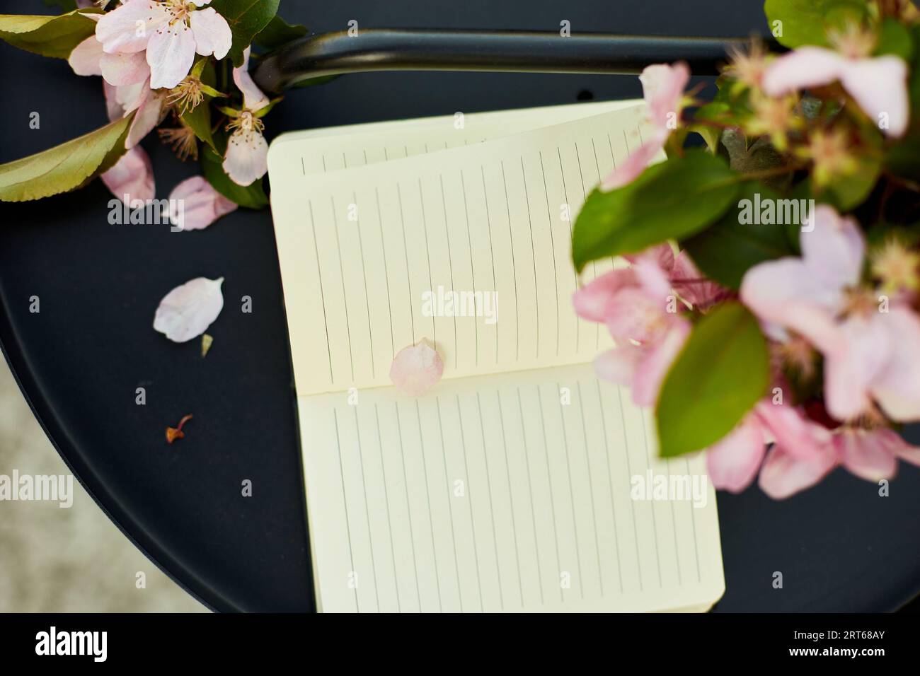 Taccuino aperto e fiori e sul piccolo tavolo nero in terrazza a casa in una giornata di sole, spazio di lavoro all'aperto, relax estivo, note, idee, pianificazione Foto Stock