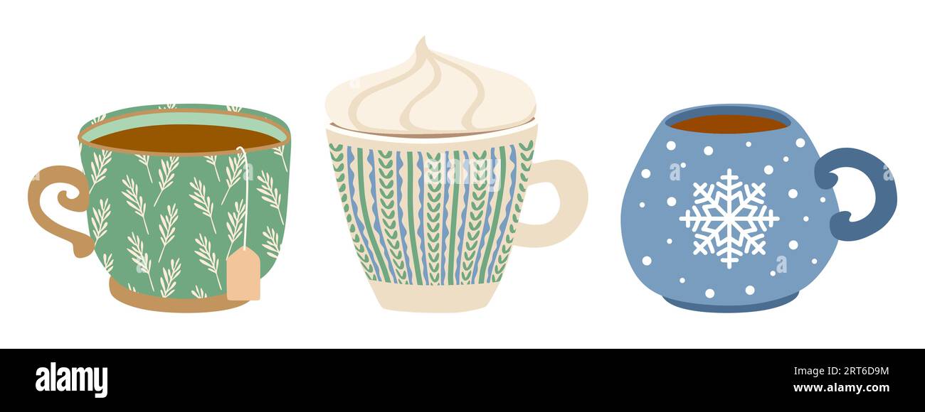 Tre tazze di bevande calde. Serie di illustrazioni vettoriali piatte isolate su bianco. Cioccolata calda invernale, caffè, bevanda al cacao in tazze con Natale Illustrazione Vettoriale