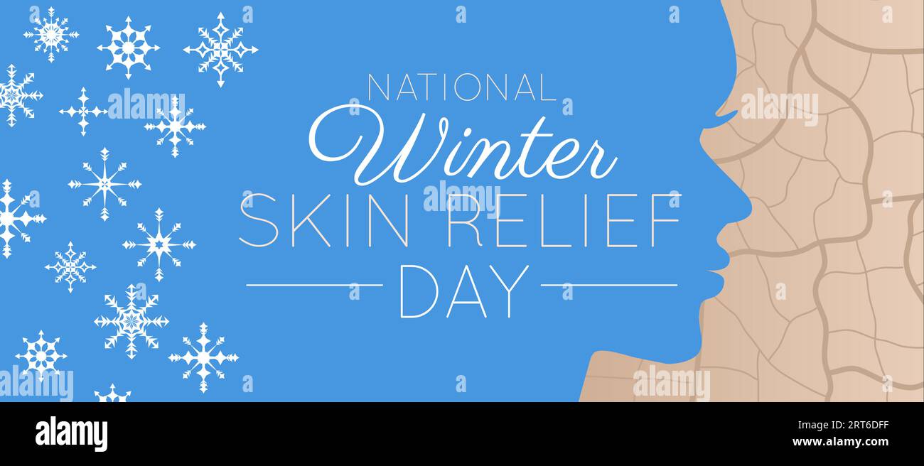 Illustrazione di sfondo del National Winter Skin Relief Day con fiocchi di neve e viso femminile Illustrazione Vettoriale