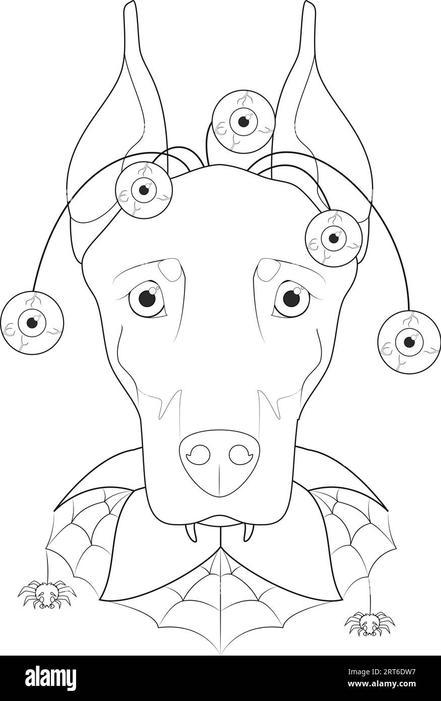 Biglietto d'auguri di Halloween da colorare. Cane Doberman vestito con occhi terrificanti e colletto a ragnatela Illustrazione Vettoriale