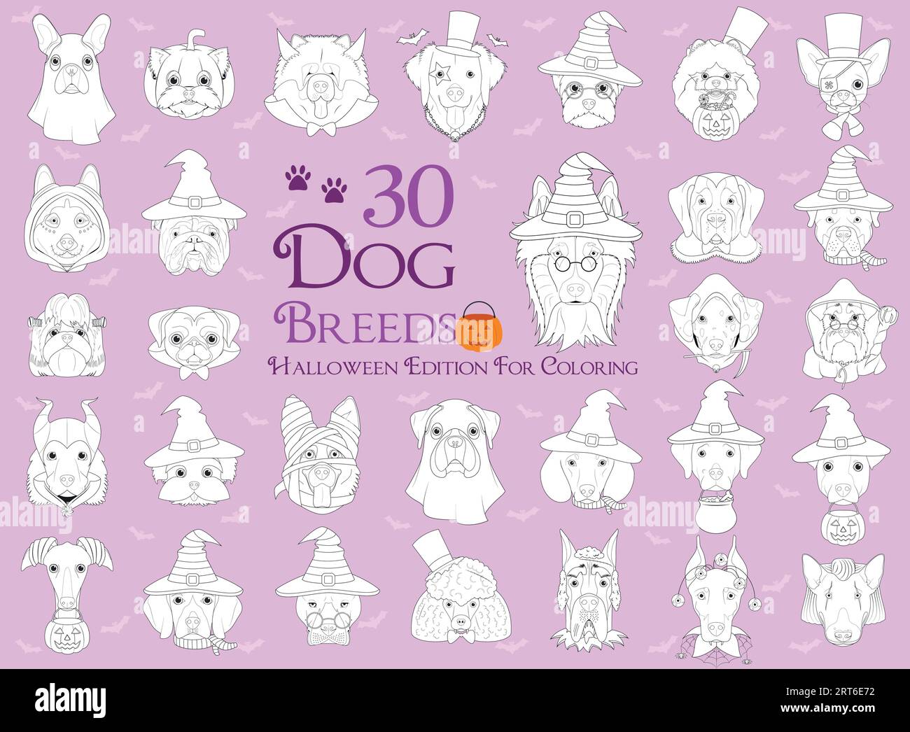 Set di 30 razze di cane con costumi di Halloween da colorare Illustrazione Vettoriale