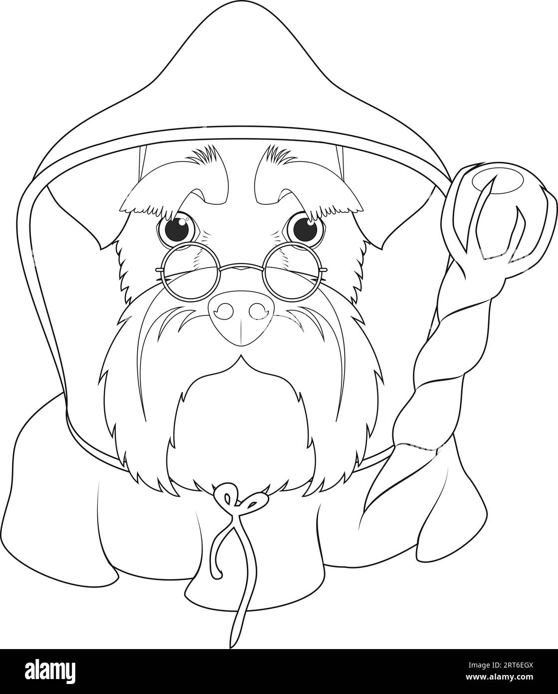 Biglietto d'auguri di Halloween da colorare. Cane schnauzer vestito da mago con cappuccio nero e bacchetta magica Illustrazione Vettoriale