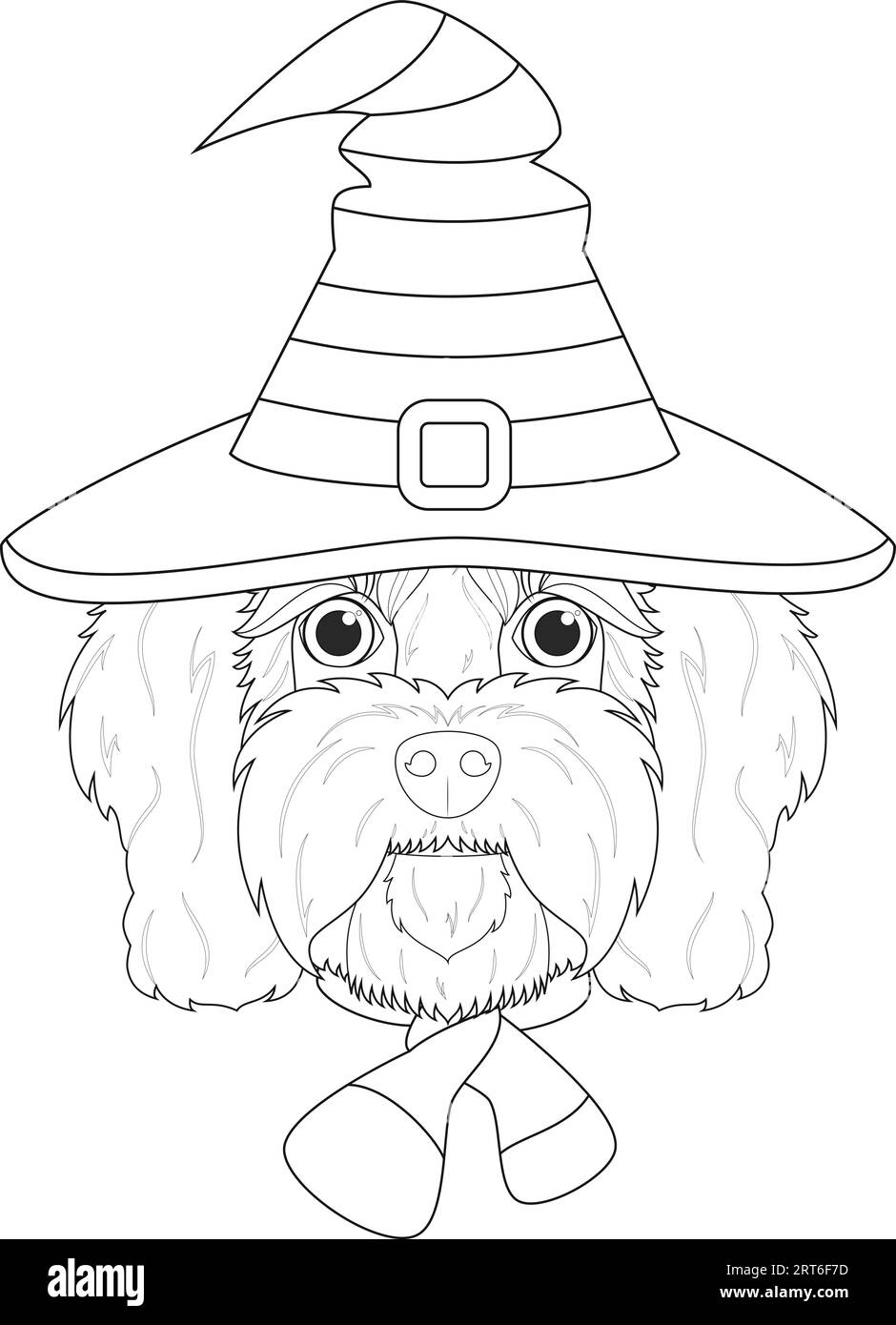 Biglietto d'auguri di Halloween da colorare. Cavoodle cane vestito da strega con cappello nero e arancione e sciarpa viola e nera Illustrazione Vettoriale