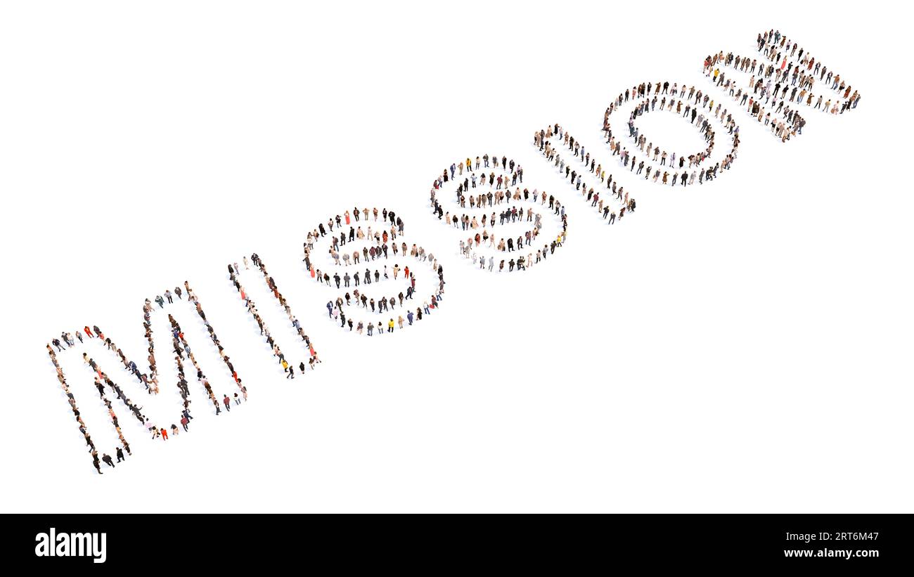 Concetto o grande comunità concettuale di persone che formano la parola MISSIONE. metafora dell'illustrazione 3d per la visione e la motivazione, la sfida, la crescita Foto Stock