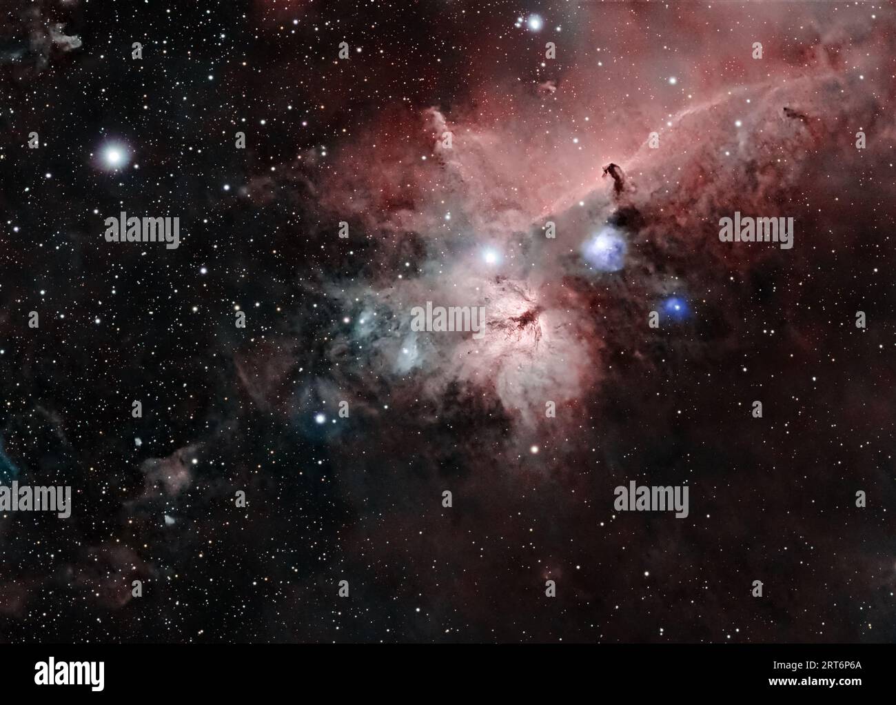 Imbarcati in un viaggio cosmico con Horsehead e Flame Nebulae, un affascinante duo celeste nel complesso delle nubi molecolari di Orion. Foto Stock