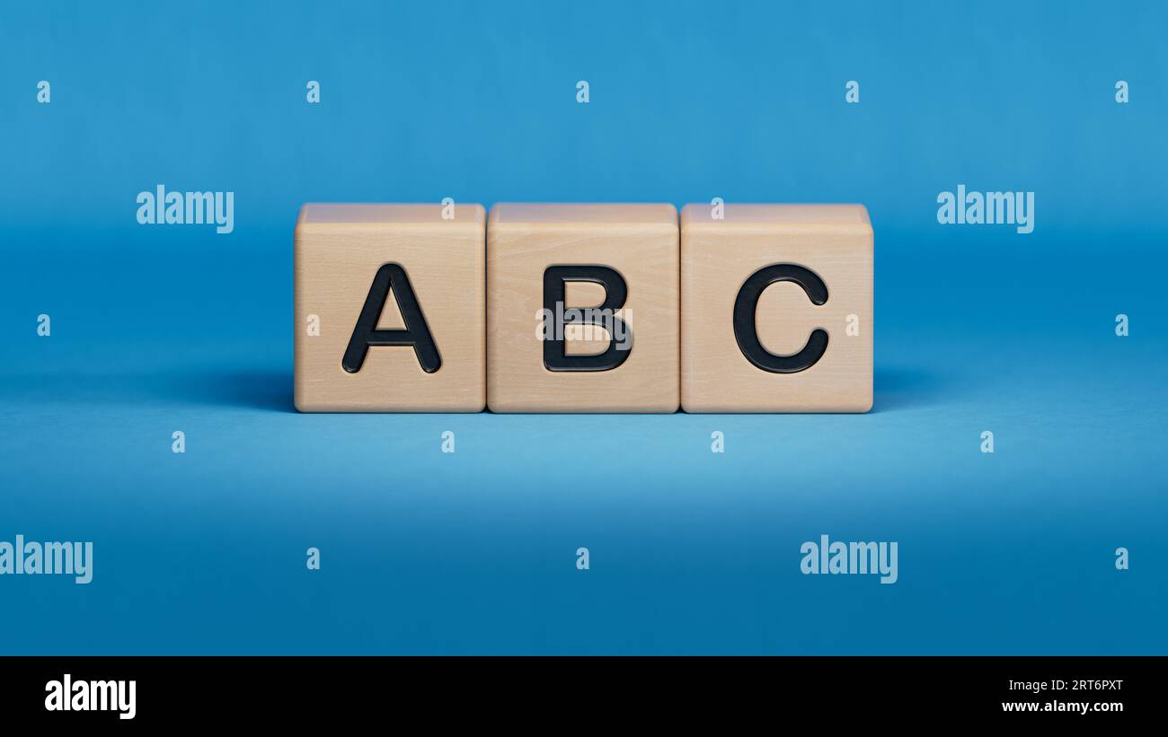 ABC. I cubi formano la parola ABC. Il concetto dell'alfabeto e dell'educazione dei bambini.rendering 3D su sfondo blu. Foto Stock