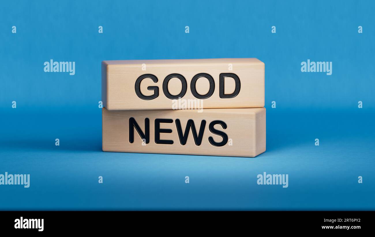Simbolo della buona notizia. Blocchi di legno con le parole "Good News". Blocchi cubici in legno. Copia rendering space.3D su sfondo blu. Foto Stock