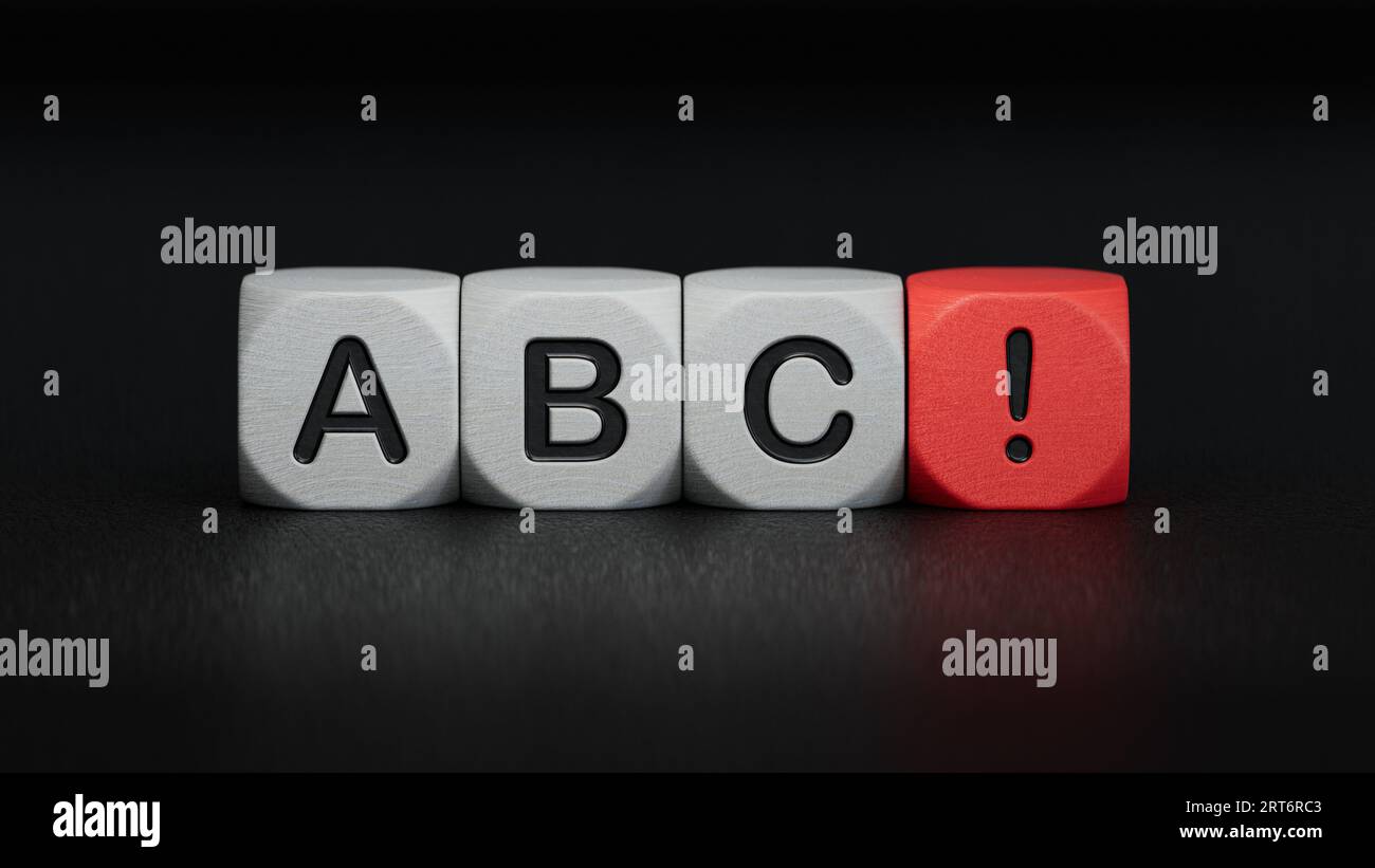 ABC lettere blocchi di legno su sfondo nero. Education Concept.rendering 3D su sfondo nero. Foto Stock