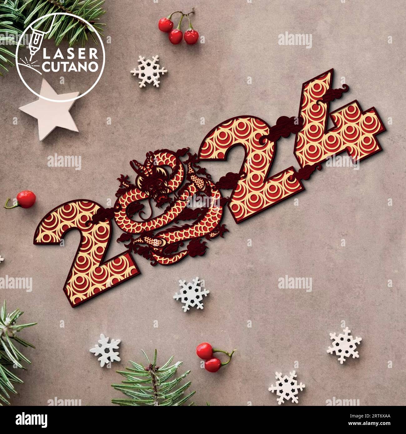 Il drago di Capodanno del 2024, realizzato con una combinazione di legno compensato e carta, è una fusione mozzafiato di arte tradizionale e creatività moderna. Illustrazione Vettoriale