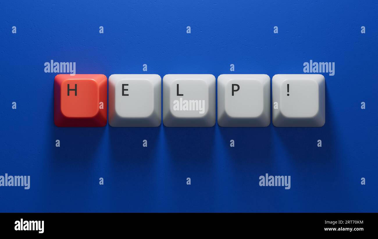 help.Computer tasti ortografici della tastiera.Vista orizzontale piatta dall'alto su sfondo blu con tasti della tastiera del computer.concetto di tecnologia IT.rendering 3D. Foto Stock