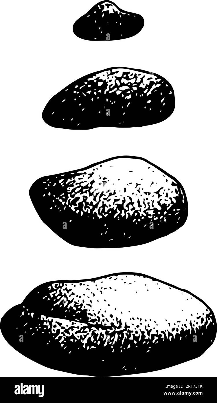 Set di illustrazioni con linee grafiche bianche e nere per stack di pietre per yoga Vector Zen o ciottoli spa. Pietre separate per la piramide di equilibrio. Illustrazione Vettoriale