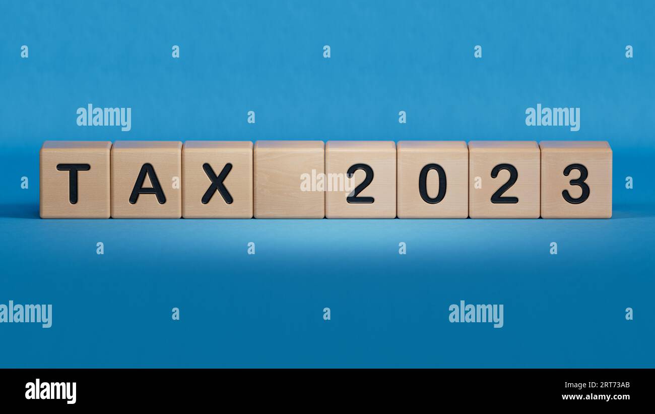 Tassa 2023. I cubi formano la parola Tax 2023. Concetto di Business Tax 2023. Paga le tasse in 2023 anni.rendering 3D su sfondo blu. Foto Stock