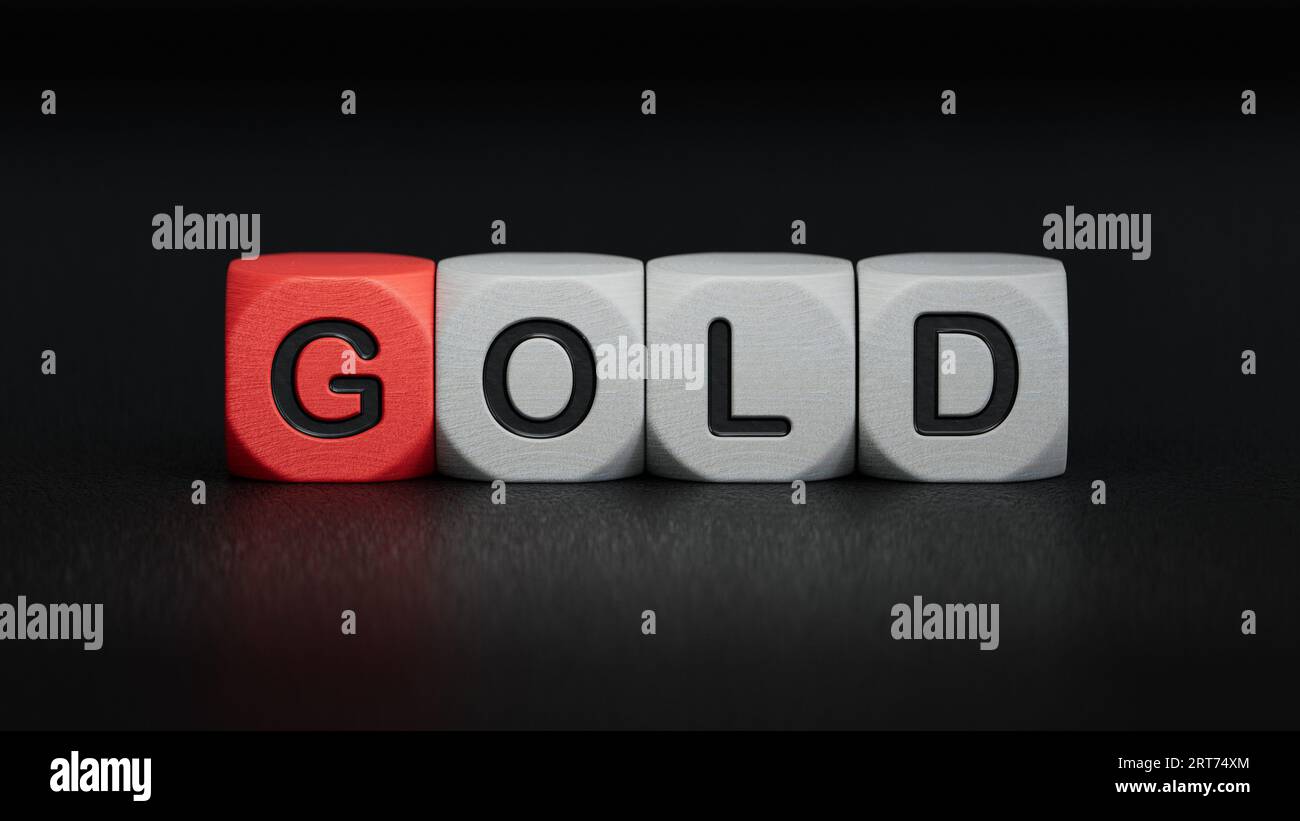 Dadi e una moneta Krugerrand formano la parola "GOLD".rendering 3D su sfondo nero. Foto Stock
