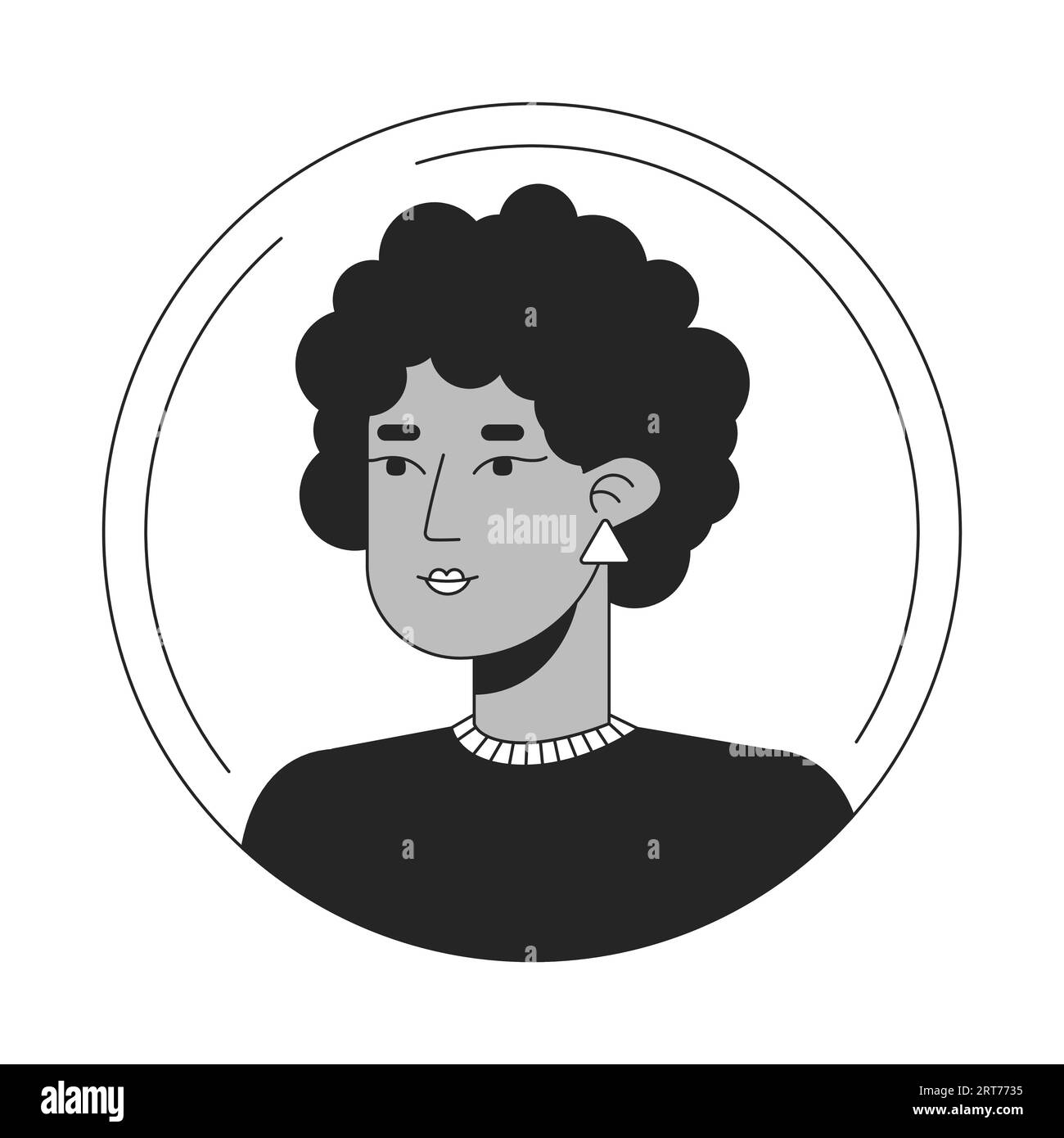 Icona avatar cartoni animati afro Woman dai capelli scuri in bianco e nero Illustrazione Vettoriale