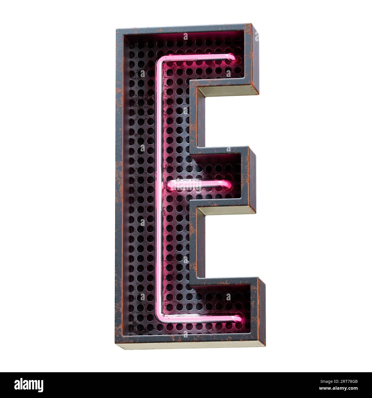 Illustrazione 3D del carattere alfabetico rosa al neon lettera maiuscola. Tubo al neon Capital Letter Pink effetto Glow in scatola nera in metallo arrugginito.rendering 3d. Foto Stock