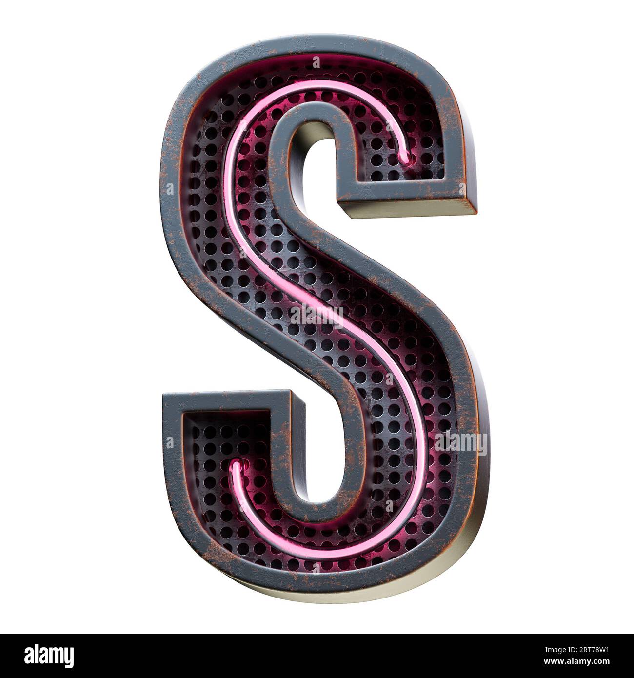 Illustrazione 3D del carattere alfabetico rosa al neon lettera maiuscola. Tubo al neon Capital Letter Pink effetto Glow in scatola nera in metallo arrugginito.rendering 3d. Foto Stock