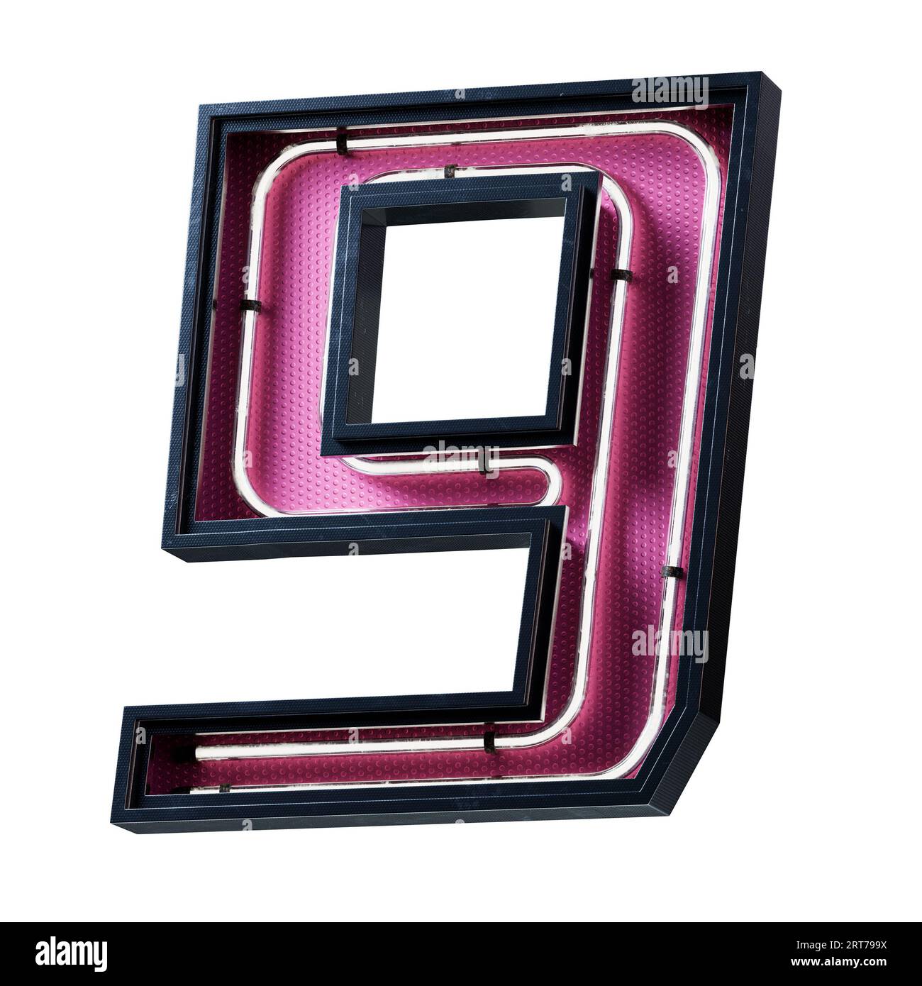 Illustrazione 3D del carattere numerico al neon bianco. Numero tubo neon effetto luce bianca in scatola metallica nera con piastra inferiore rosa.3d Ren Foto Stock