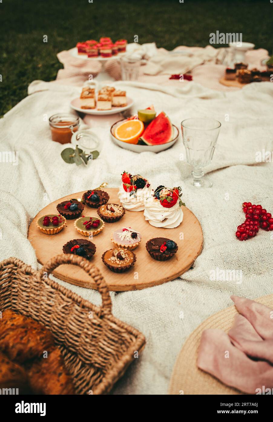 Fai un picnic nella natura con un sacco di dolci gustosi (punch, tartalet, cheesecake) sulla coperta - nella giornata di sole. Deliziose torte - pic-nic al parco. Foto Stock