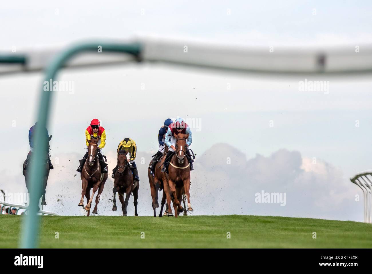 Brighton, 11 settembre 2023: La gara del 14,55, vinta da Miguel (all'estrema destra, claret e colori blu) credito: Andrew Hasson/Alamy Live News Foto Stock