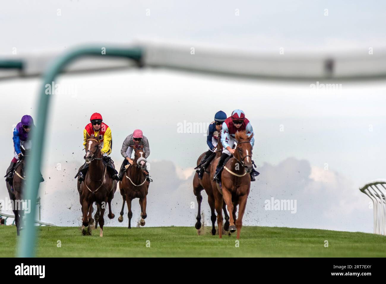 Brighton, 11 settembre 2023: La gara del 14,55, vinta da Miguel (all'estrema destra, claret e colori blu) credito: Andrew Hasson/Alamy Live News Foto Stock