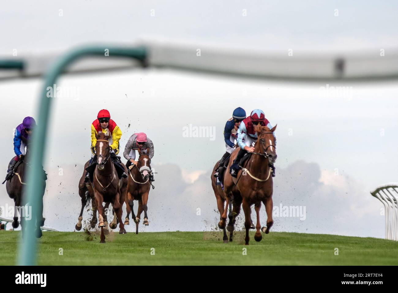 Brighton, 11 settembre 2023: La gara del 14,55, vinta da Miguel (all'estrema destra, claret e colori blu) credito: Andrew Hasson/Alamy Live News Foto Stock