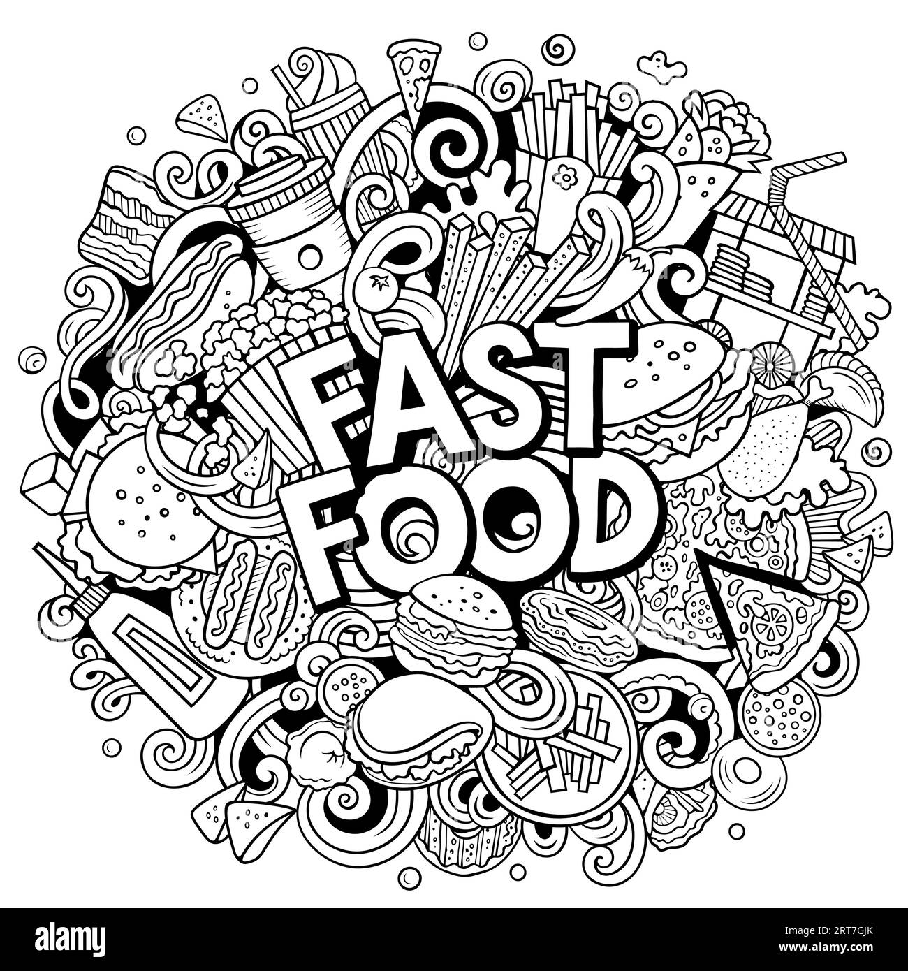 Illustrazione degli scarabocchi da cartoni animati Fastfood. Fast food oggetti divertenti ed elementi design vettoriale. Illustrazione Vettoriale