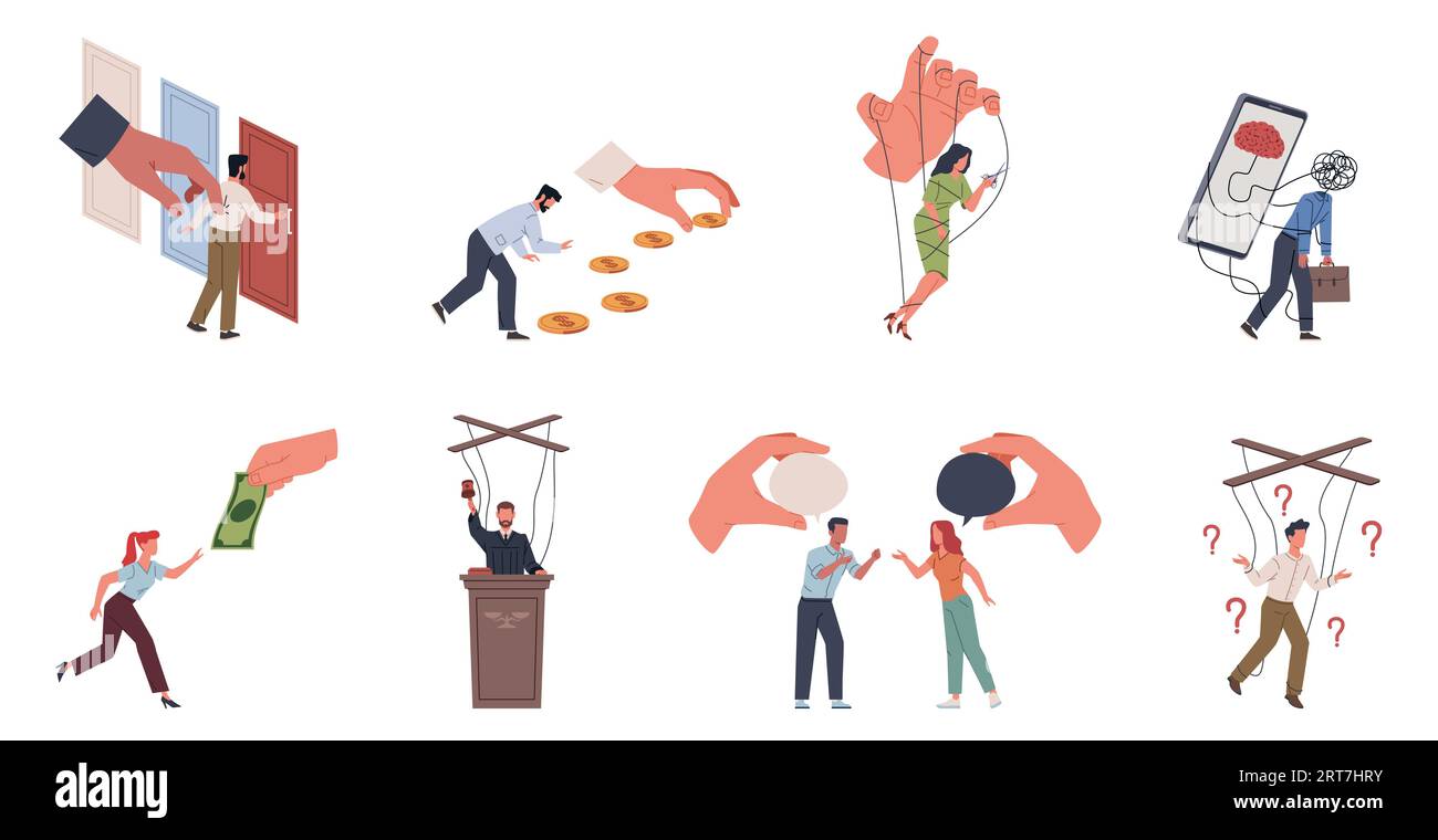 Manipolare le persone. Pupazzi persone, gestiscono modi, gli esseri umani controllano, mani burattinai, influenzano le marionette. Libertà e indipendenza. cartone animato Illustrazione Vettoriale