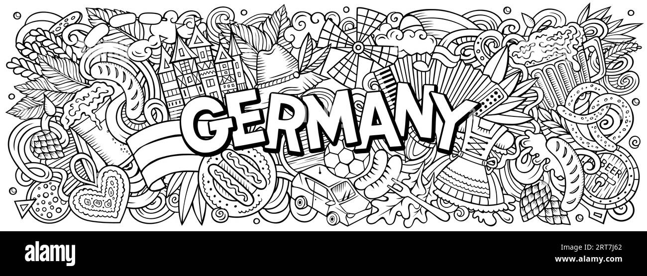 Illustrazione vettoriale con gli scarabocchi a tema Germania. Design accattivante e accattivante per striscioni, che cattura l'essenza della cultura e delle tradizioni tedesche Illustrazione Vettoriale