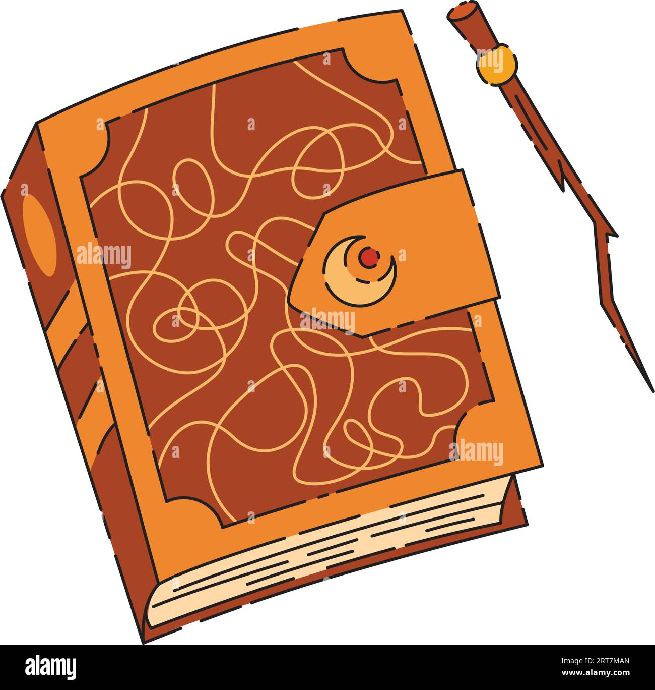 Libro di stregoneria con incantesimi decorati e disegno di un fumetto magico con bacchetta magica Illustrazione Vettoriale