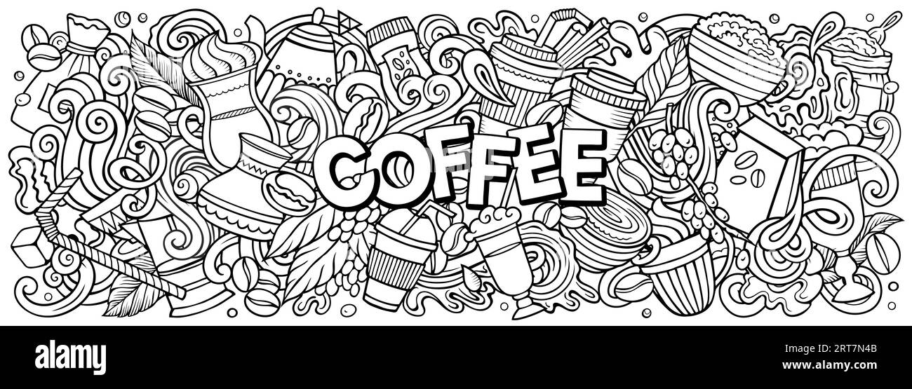 L'illustrazione dei cartoni animati per il caffè vettoriale presenta una varietà di oggetti e simboli Coffeehouse. Immagini stravaganti e divertenti. Illustrazione Vettoriale