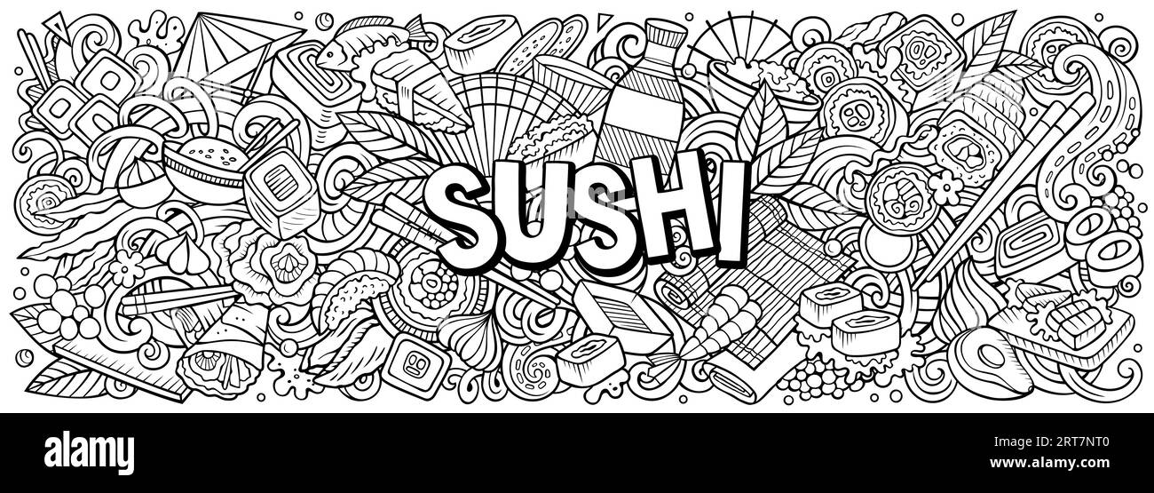 Illustrazione del doodle Sushi vettoriale dei cartoni animati presenta una varietà di oggetti e simboli della cucina giapponese. Immagini stravaganti e divertenti. Illustrazione Vettoriale