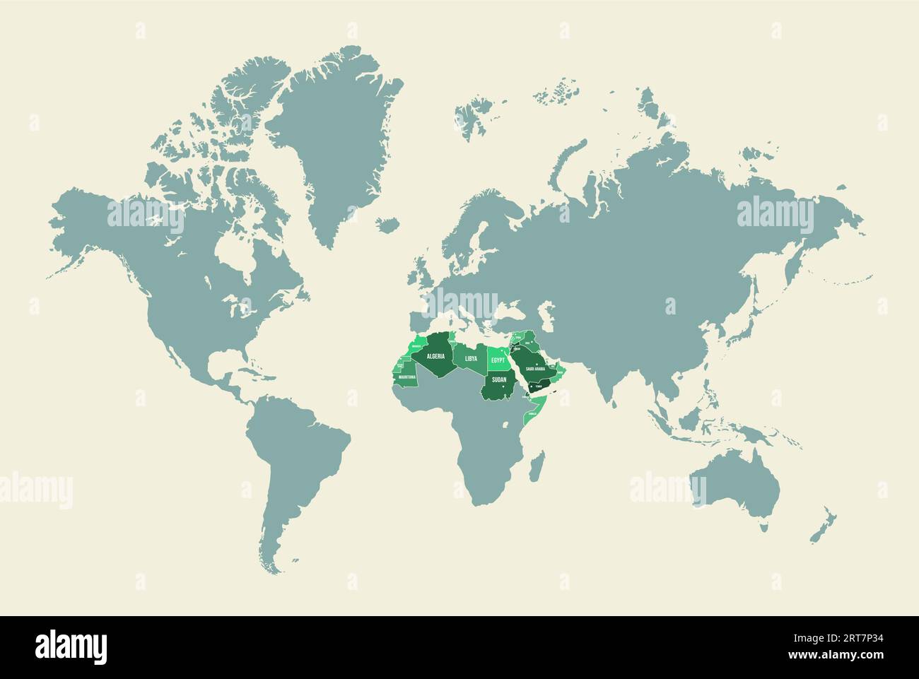 Mappa del mondo arabo. Geografia islamica, paesi di lingua araba che collegano l'Africa orientale all'Asia. Illustrazione infografica vettoriale Illustrazione Vettoriale