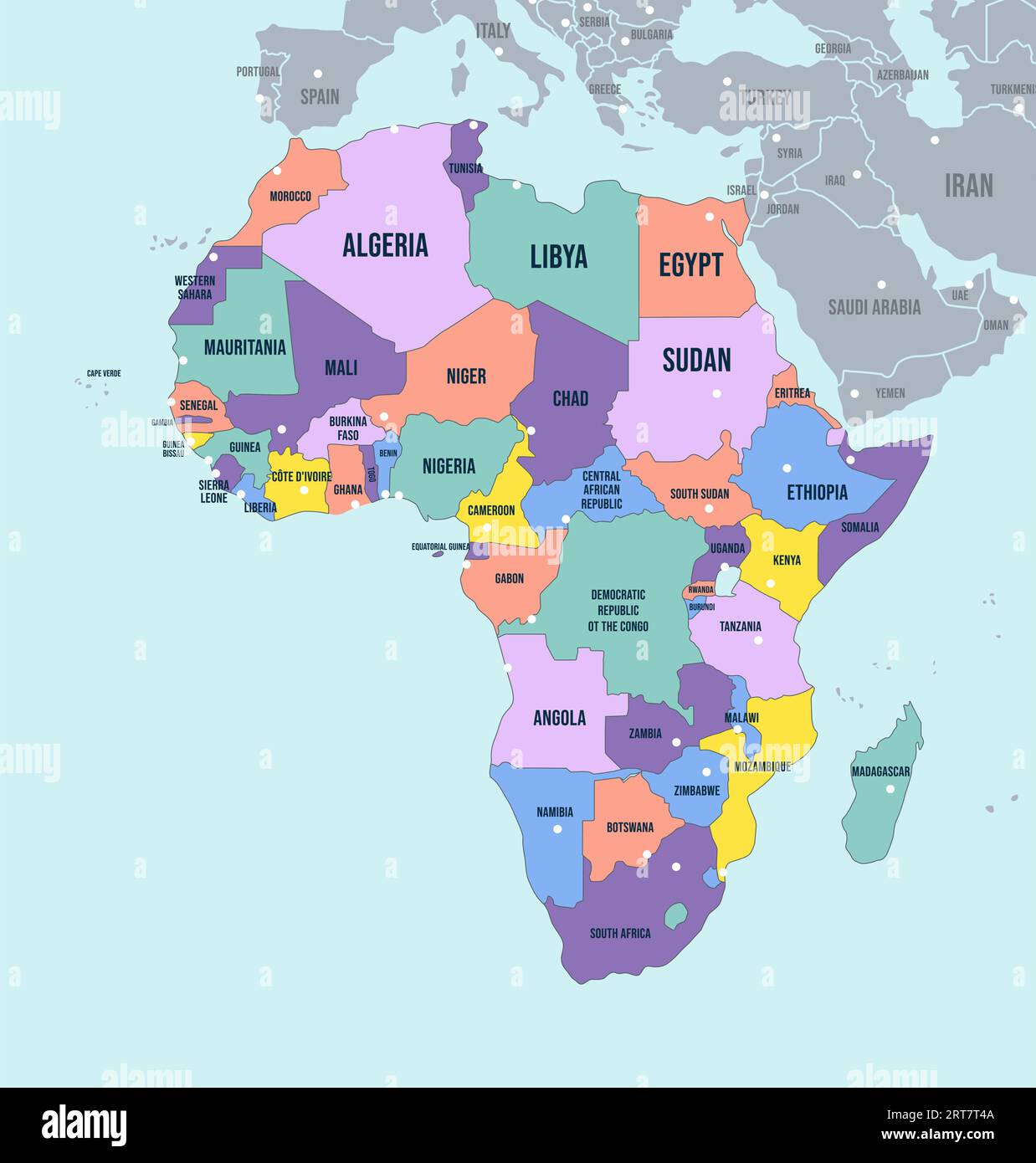 Mappa politica del continente africano. Nomi dei paesi con etichetta inglese e illustrazione vettoriale dei confini delle regioni africane Illustrazione Vettoriale