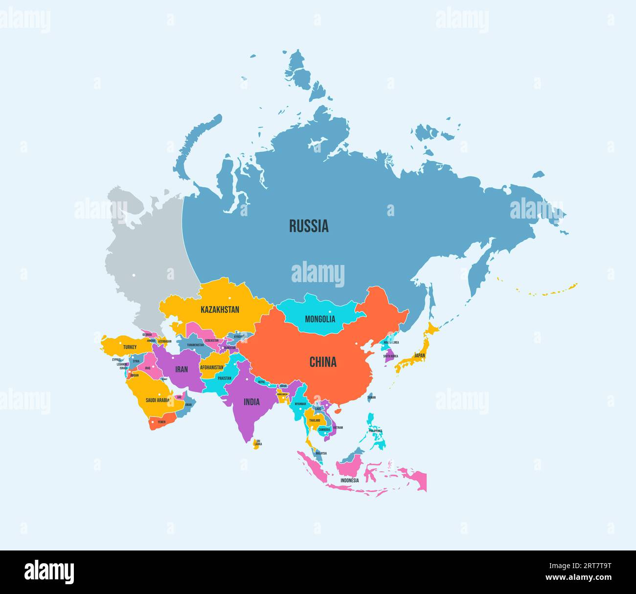 Mappa politica del continente asiatico. Tappezzeria dell'Asia con confini nazionali e nomi illustrazioni infografiche vettoriali isolate Illustrazione Vettoriale