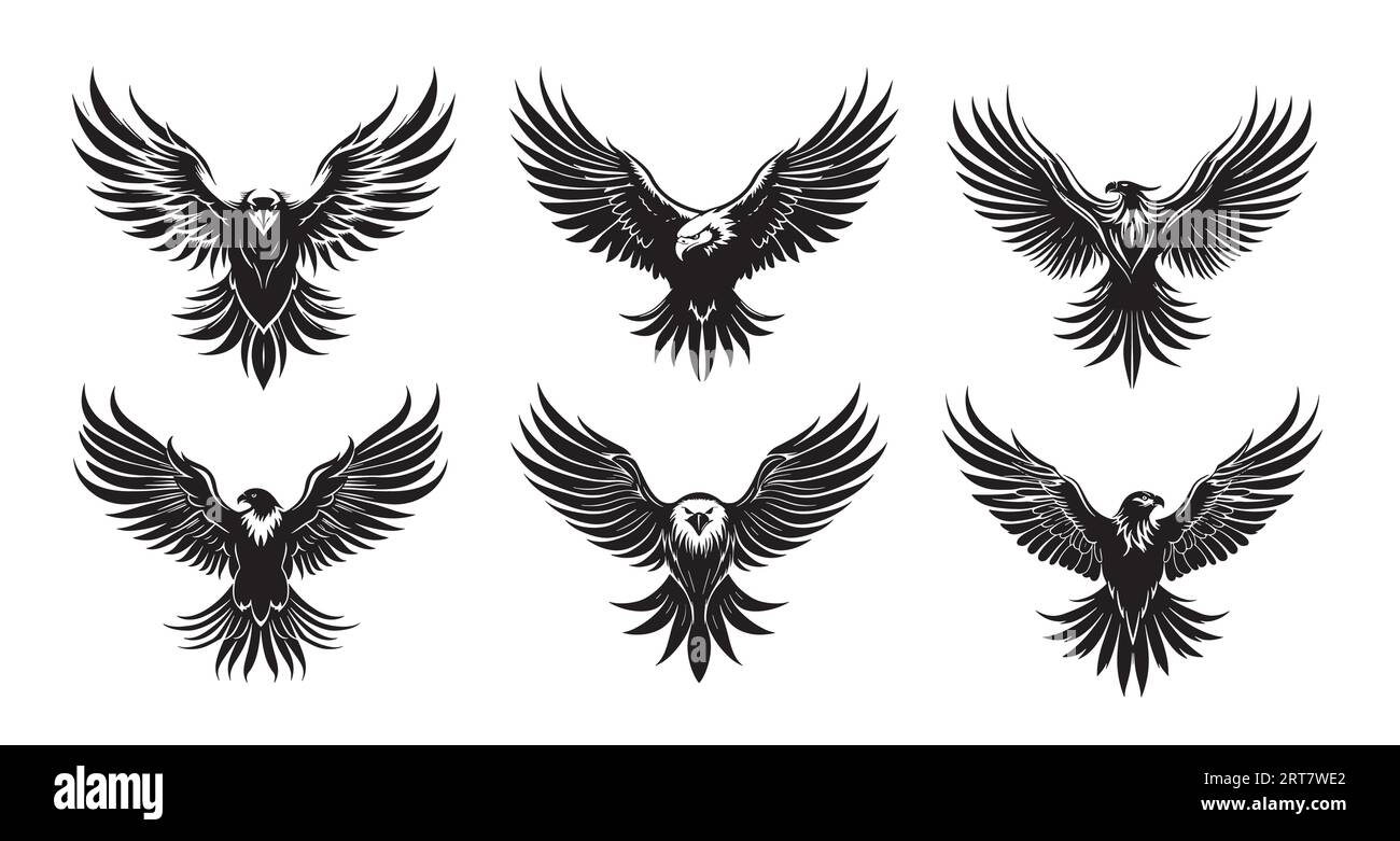 Set di silhouette Eagle disegnato a mano in stile doodle Vector Illustrazione Vettoriale