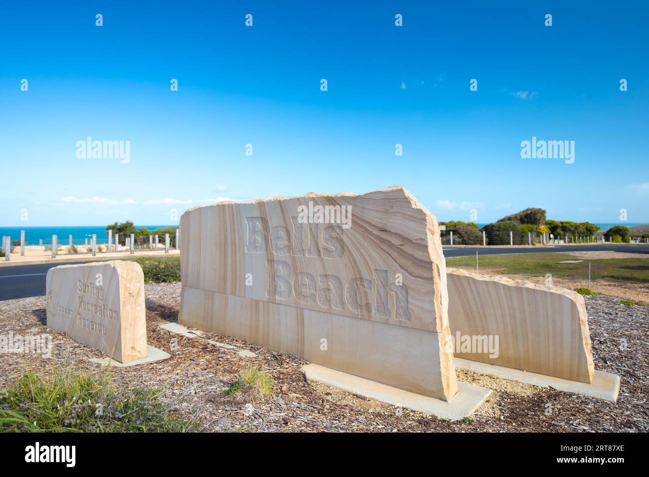 L'iconico monumento di Bells Beach vicino a Torquay, Victoria, Australia Foto Stock