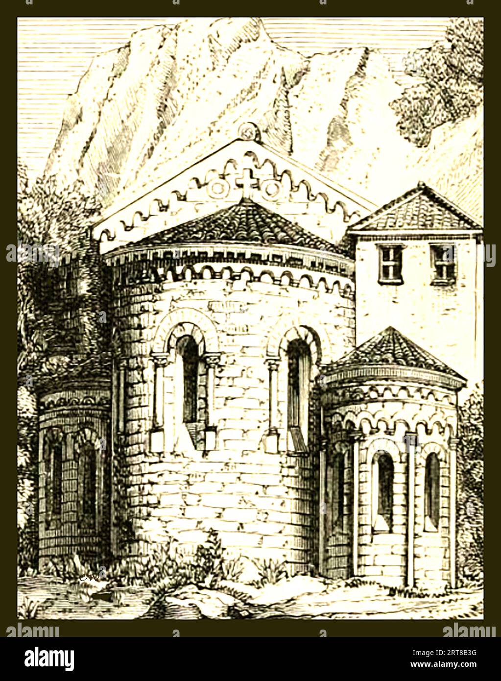 Abside di San Guglielmo nel deserto (Monastero in Francia) costruito nel 820 noto anche come Abbazia di Saint-Guilhem-le-Désert, Abbazia di Gellone e Saint-Guilhem-le-Désert, Hérault in Francia. È stata fondata nel 804 --- fa parte delle Routes to Santiago de Compostela - Abside de Saint-Guillaume dans le Désert (Monastère en France) construite en 820 Également connue sous le nom d'Abbaye de Saint-Guilhem-le-Désert, Abbaye de Gellone et Saint-Guilhem-le-Désert, Hérault en France. Elle a été fondée en 804 --- Elle fait partie des Chemins de Saint-Jacques de Compostelle Foto Stock