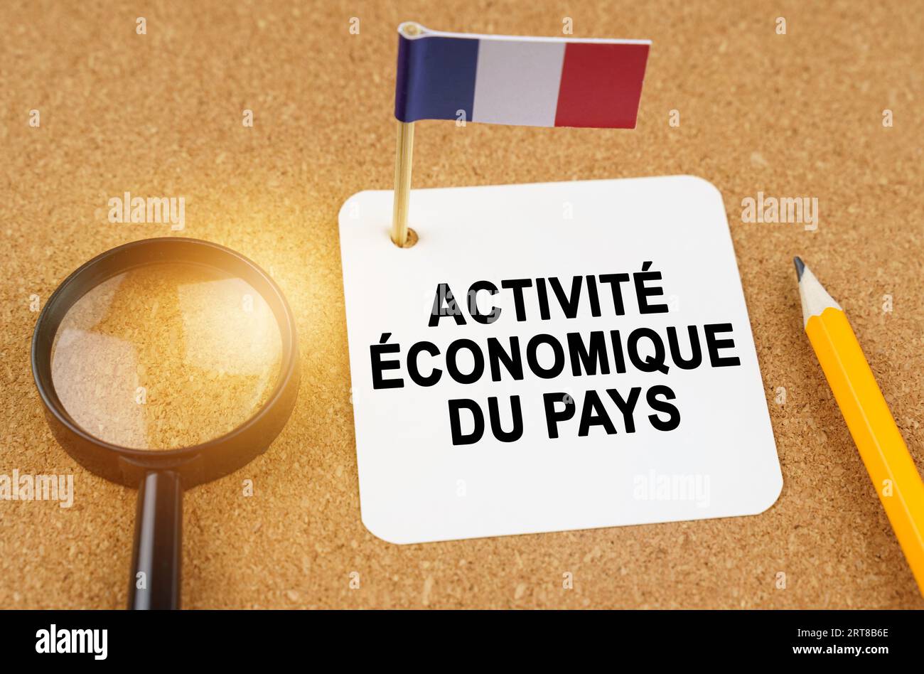 Economia e finanza. Sul tavolo ci sono una lente d'ingrandimento, una matita, la bandiera della Francia e un foglio di carta con l'iscrizione - economico AC Foto Stock