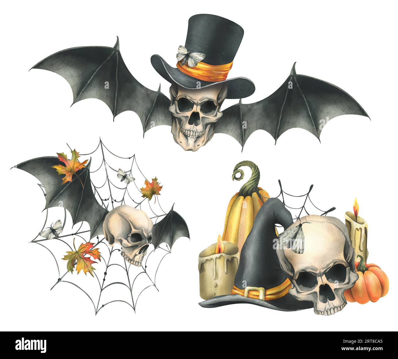 Teschi umani in cappelli con ali di pipistrello, zucche, foglie autunnali e candele. Illustrazione ad acquerello disegnata a mano per Halloween. Set di diversi Foto Stock