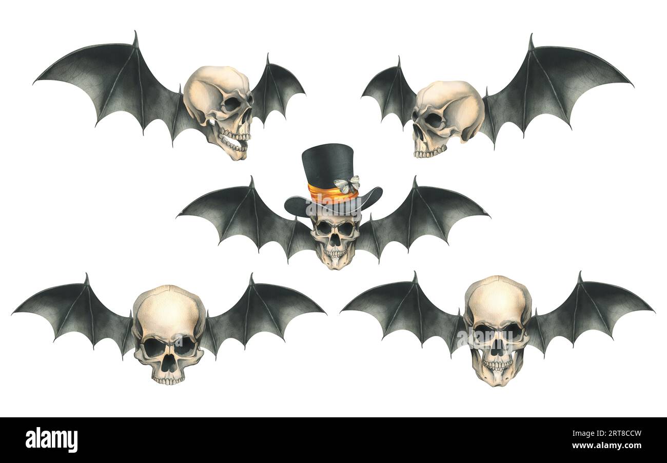 Teschi umani in cappello nero con nastro di raso arancione con ali di pipistrello nere per le vacanze di halloween. Illustrazione acquerello disegnata a mano. Imposta Foto Stock